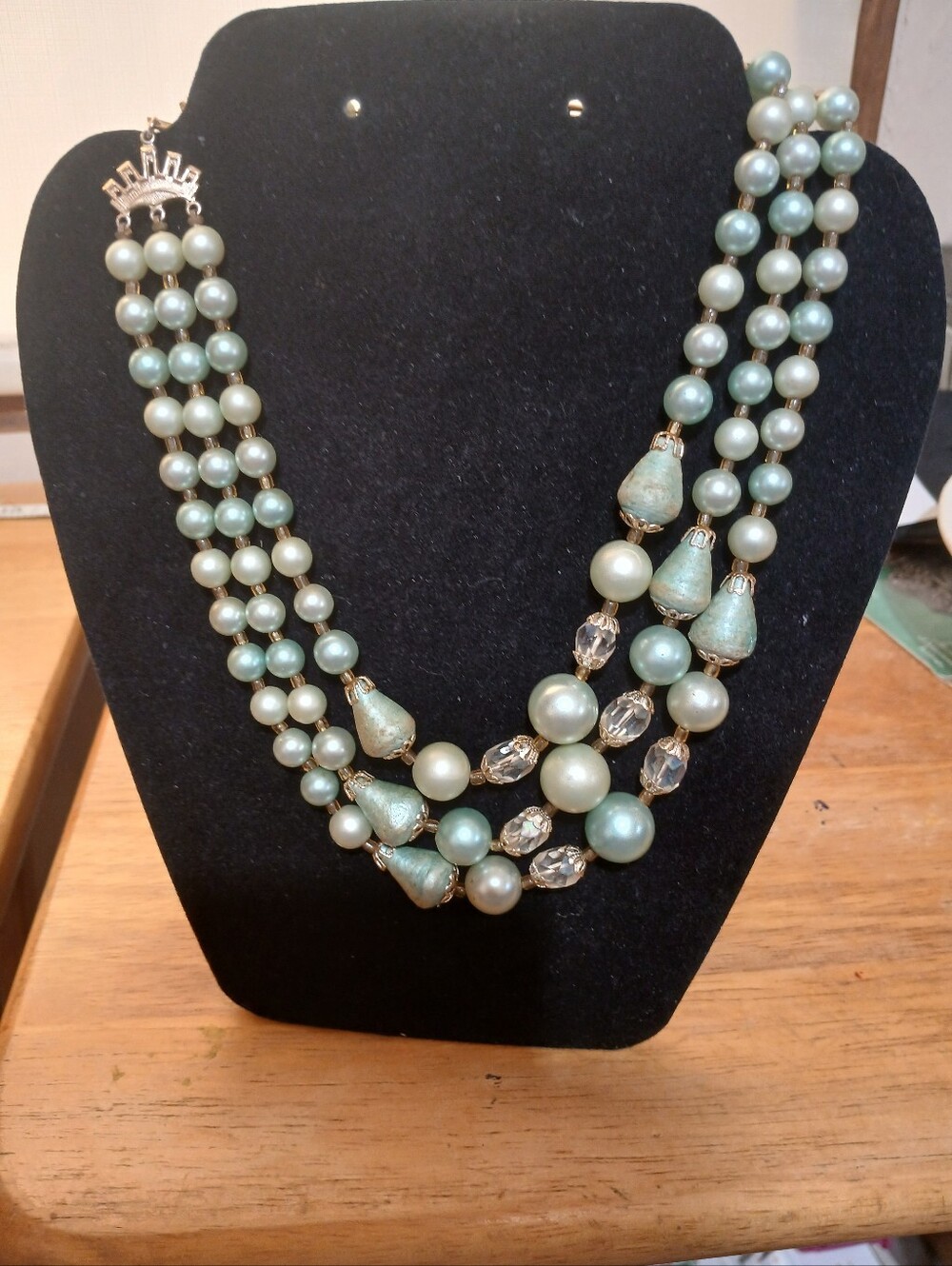 Vintage Three-Strand Aqua Green Pearl and Crystal Necklace